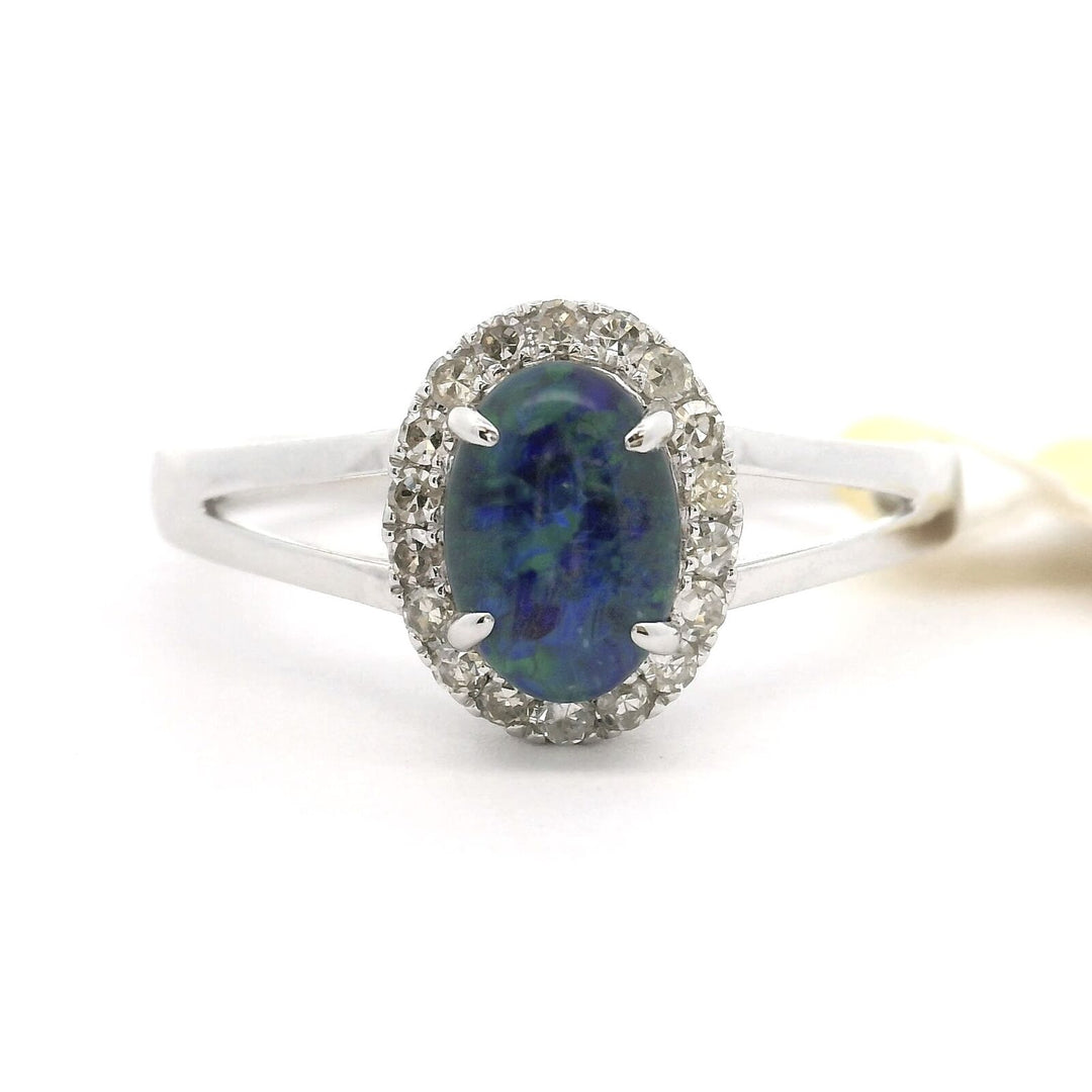 Brand New Blue &amp; Green Cabochon Opal Diamond Halo Ring 14k White Gold