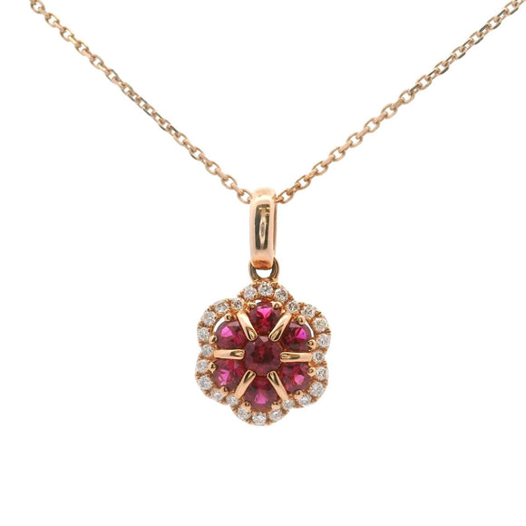 Brand New 14k Rose Gold Ruby and Diamond Halo Pendant Necklace 18