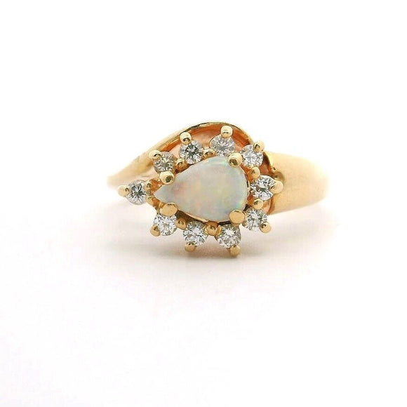 14k Yellow Gold Opal and Diamond Halo Ring Size 5.5