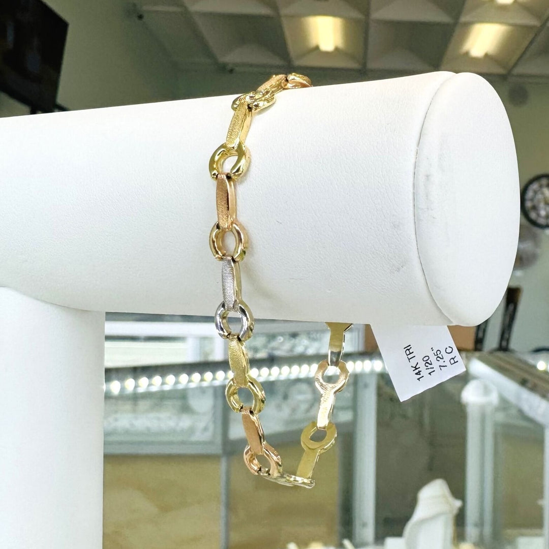 Brand New 14k Tri Tone Gold Fancy Horseshoe Link Bracelet 7.25"