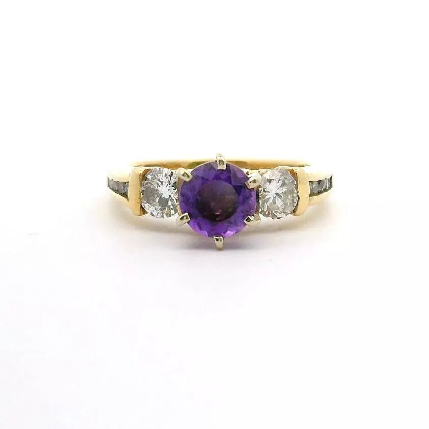 14k Yellow Gold Amethyst and Diamond Ring Size 6