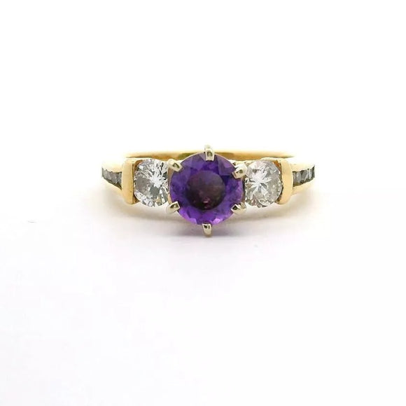 14k Yellow Gold Amethyst and Diamond Ring Size 6