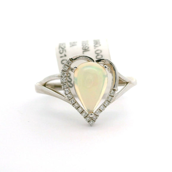 Brand New 14k White Gold Opal and Diamond Ladies Heart Ring Size 7