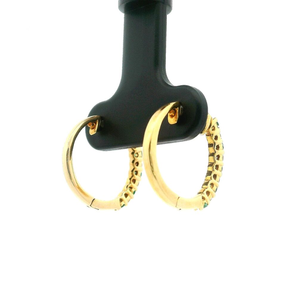 Brand New 14k Yellow Gold Emerald and Diamond Hoop Earrings