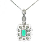 Brand New 14k White Gold Emerald and Diamond Halo Pendant Necklace 18"
