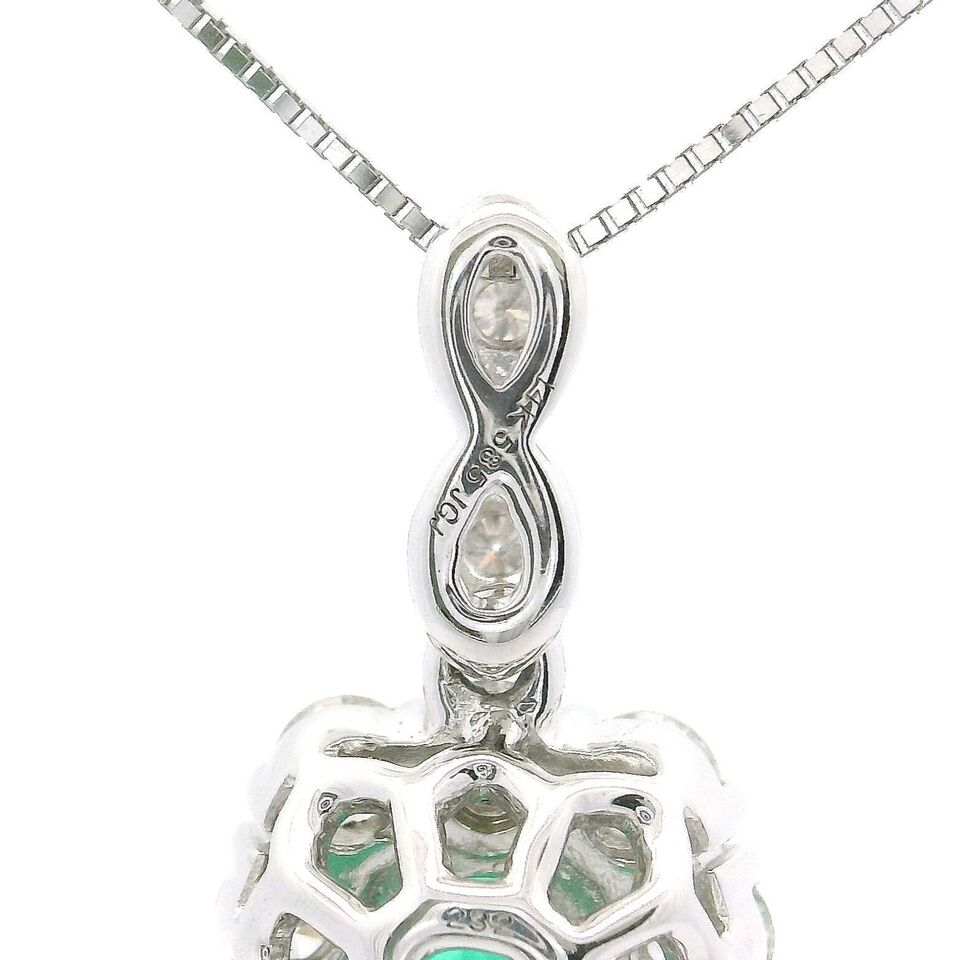 Brand New 14k White Gold Emerald and Diamond Halo Pendant Necklace 18"