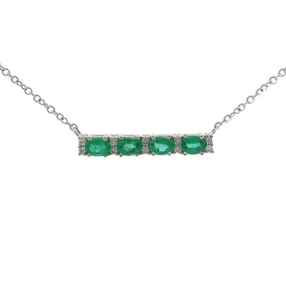 Brand New 14k White Gold Emerald and Diamond Bar Pendant Necklace 16