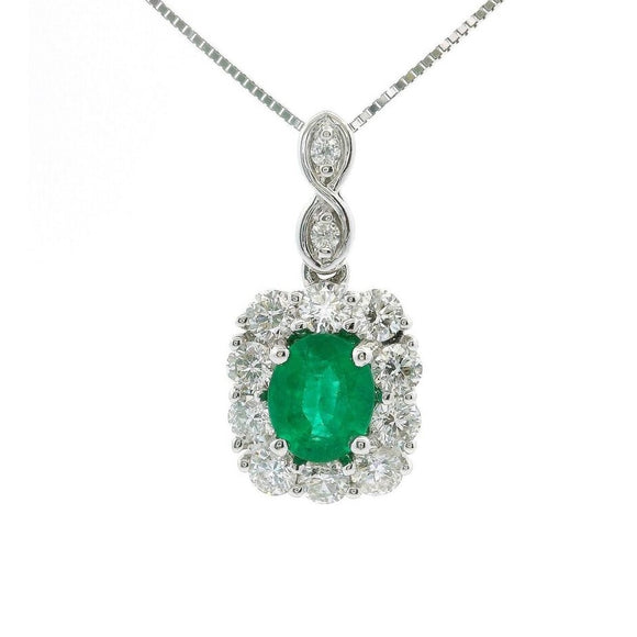Brand New 14k White Gold Emerald and Diamond Halo Pendant Necklace 18