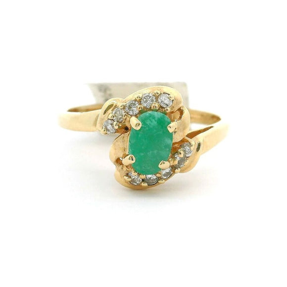 Brand New Emerald and Diamond Ladies Bypass Ring in 14k Yellow Gold Size 6