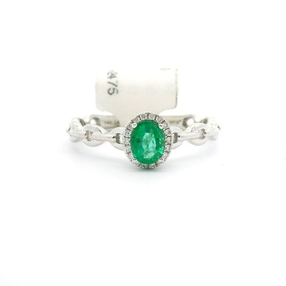 Brand New Emerald and Diamond Halo Ring in 14k White Gold Size 7
