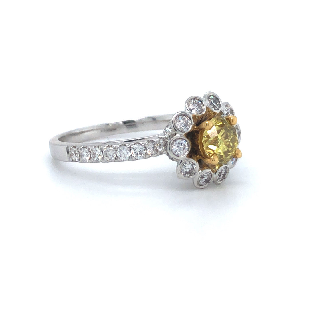 18k White Gold GIA Yellow Diamond Floral Engagement Ring Size 6