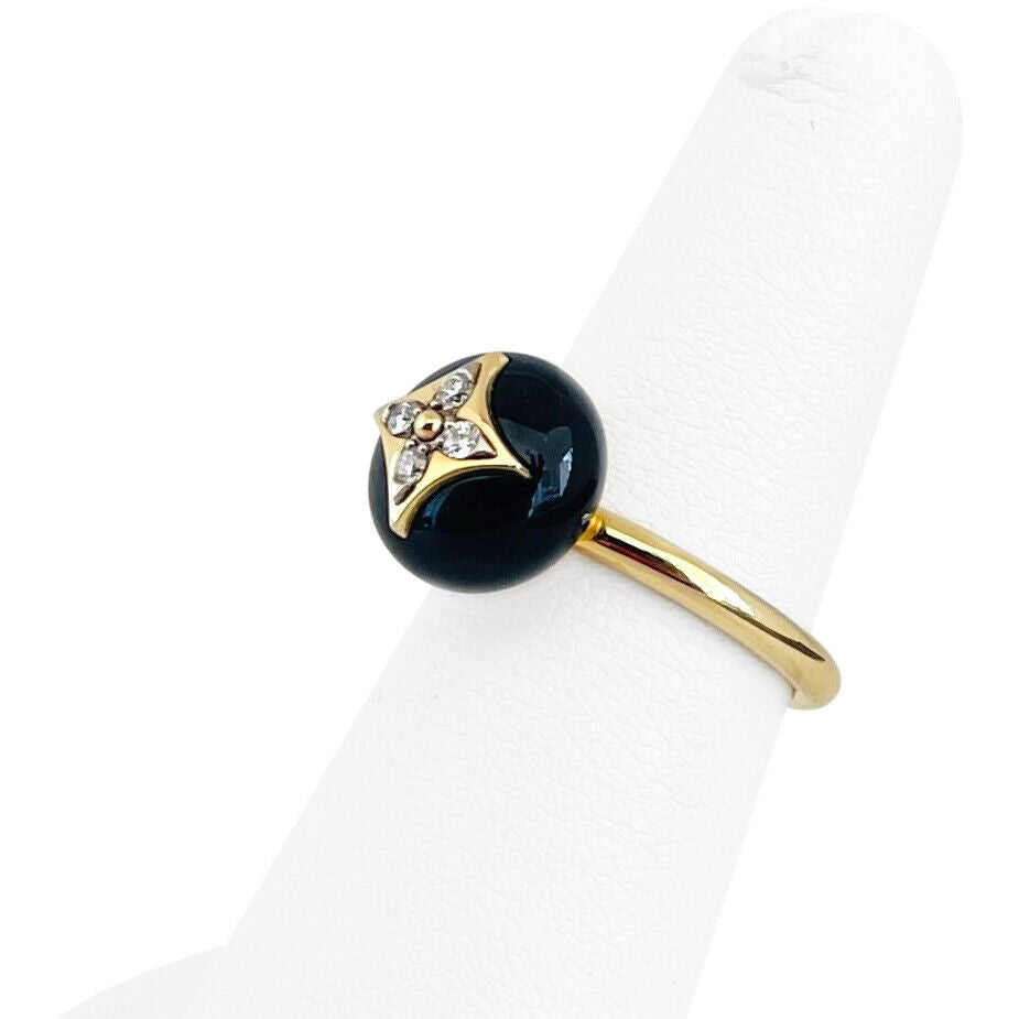 Louis Vuitton B Blossom 18k Yellow Gold Onyx and Diamond Ring Size 51